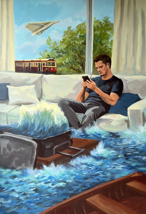 A vertical canvas painting hanging on a light gray wall, depicting a man sitting on a white sofa in a living room with blue water flooding the floor, a brown suitcase, a paper airplane in the sky, and a red train outside the window.