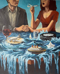 A horizontal canvas painting hanging on a light gray wall, depicting a man and woman seated at a table with melting ice, boats, a wine glass, and an airplane in a surreal, oceanic scene.